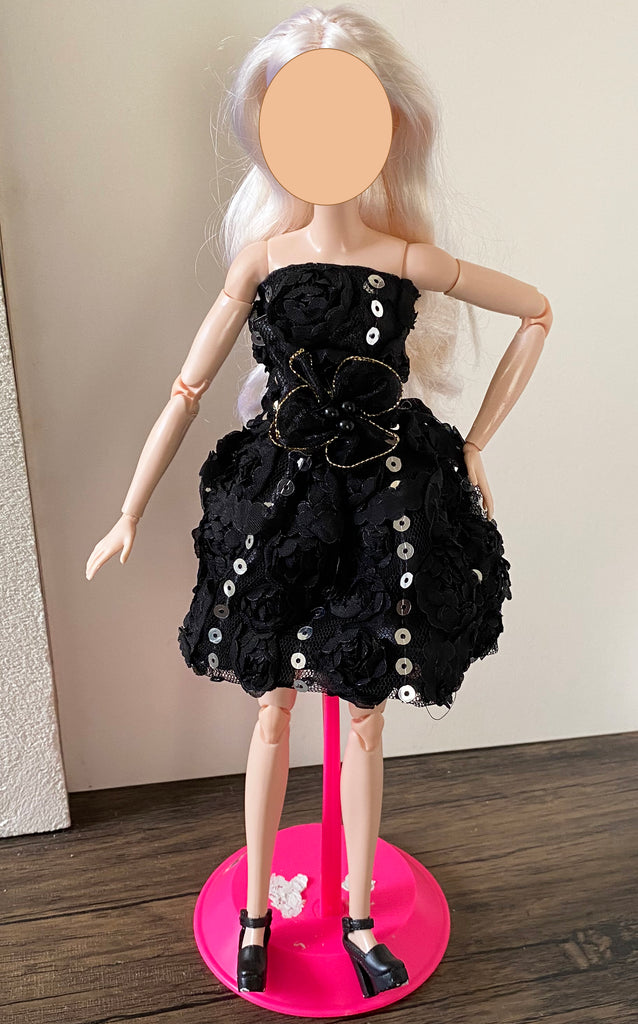 Craftuneed 1:6 miniature doll black evening dress mini dollhouse 3D floral sequins ballet dress Handmade