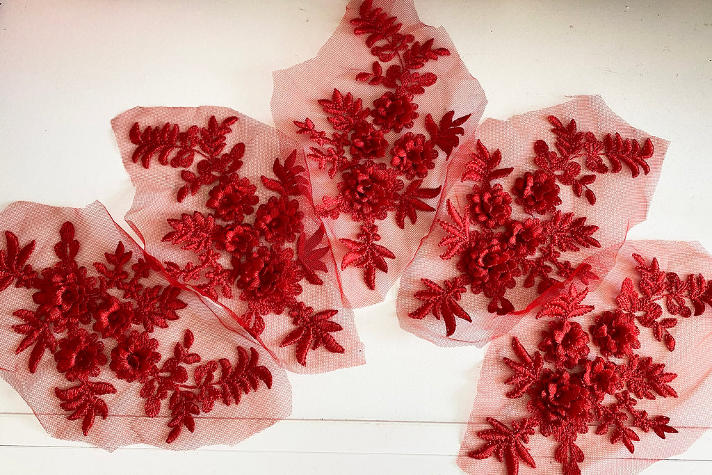 Craftuneed bundle 5pcs Red 3D lace applique sew on double layer floral lace motif patch