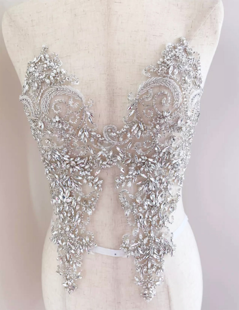 A Pair of Luxury Silver Rhinestone Appliques Ivory Faux Crystal Lace Embellishments Motif Patch for Bridal Gown & Evening Dress Sewing