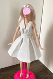 Craftuneed 1:6 miniature doll white evening dress mini dollhouse V-Neck party ball gown dress Handmade