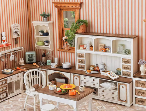 1:12 Scale Dollhouse Wooden Kitchen Furniture Miniature Dining Table, Chairs, Cabinets & Shelves Craftuneed Handmade Doll Kitchen Decor