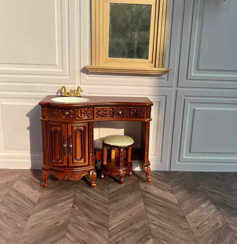 Craftuneed 1:12 Scale Doll Vanity Sink Cabinet Stool Bathtub Miniature Dollhouse Victorian Style Bathroom furniture