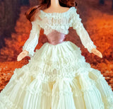 Craftuneed 1:6 Miniature Doll Vintage Style Ivory Layered Ruffled Gown Dress with Satin Waistband Handmade