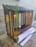 1:6 Scale Miniature Japanese Style House Front Kit with Bamboo Tree and Lantern - Flat Pack Dollhouse Scene