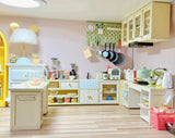 Craftuneed 1:12 Scale Dollhouse Kitchen Whole Set Miniature Cream Cabinets with Island Sink Stove Storage Units Doll Furniture