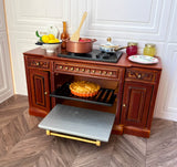 Craftuneed 1:12 Scale Miniature Dollhouse Stove oven and Range Hood Doll Brown Wood Kitchen furniture set Handmade