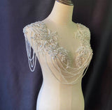 A Pair of Luxury Rhinestone Appliques with Beaded Chains Ivory Lace Embellishments for Bridal Dresses, Dance Costumes, DIY Sewing