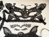 Bundle 4 Pcs Black Lace Masquerade Eye Mask & Sticker Set - Gothic, Cat Ears, Butterfly For Halloween, Party, Cosplay, Costume Accessories