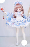 BJD Kimono Outfit with Double Skirt Hem Yukata Dress Apron & Headband For 1/6 1/4 1/3 Scale Dolls