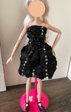 Craftuneed 1:6 miniature doll black evening dress mini dollhouse 3D floral sequins ballet dress Handmade