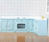 Craftuneed 1:12 Scale Dollhouse Kitchen Furniture Set Miniature Light Blue Wooden Cabinets with Sink Stove Oven Storage Units For Dolls