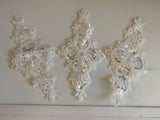 Craftuneed 3pcs ivory bridal floral sequins lace applique sew on embroidered lace motif patch