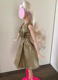 Craftuneed 1:6 miniature doll gold evening dress mini dollhouse V-Neck doll party dress Handmade