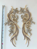 A Pair of Ivory Beige Rhinestone Applique Phoenix Tail Beaded Silver Faux Crystal Embellishments for Dressmaking Dance Costumes DIY