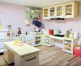 Craftuneed 1:12 Scale Dollhouse Kitchen Whole Set Miniature Cream Cabinets with Island Sink Stove Storage Units Doll Furniture