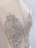 A Pair of Luxury Silver Rhinestone Appliques Ivory Faux Crystal Lace Embellishments Motif Patch for Bridal Gown & Evening Dress Sewing