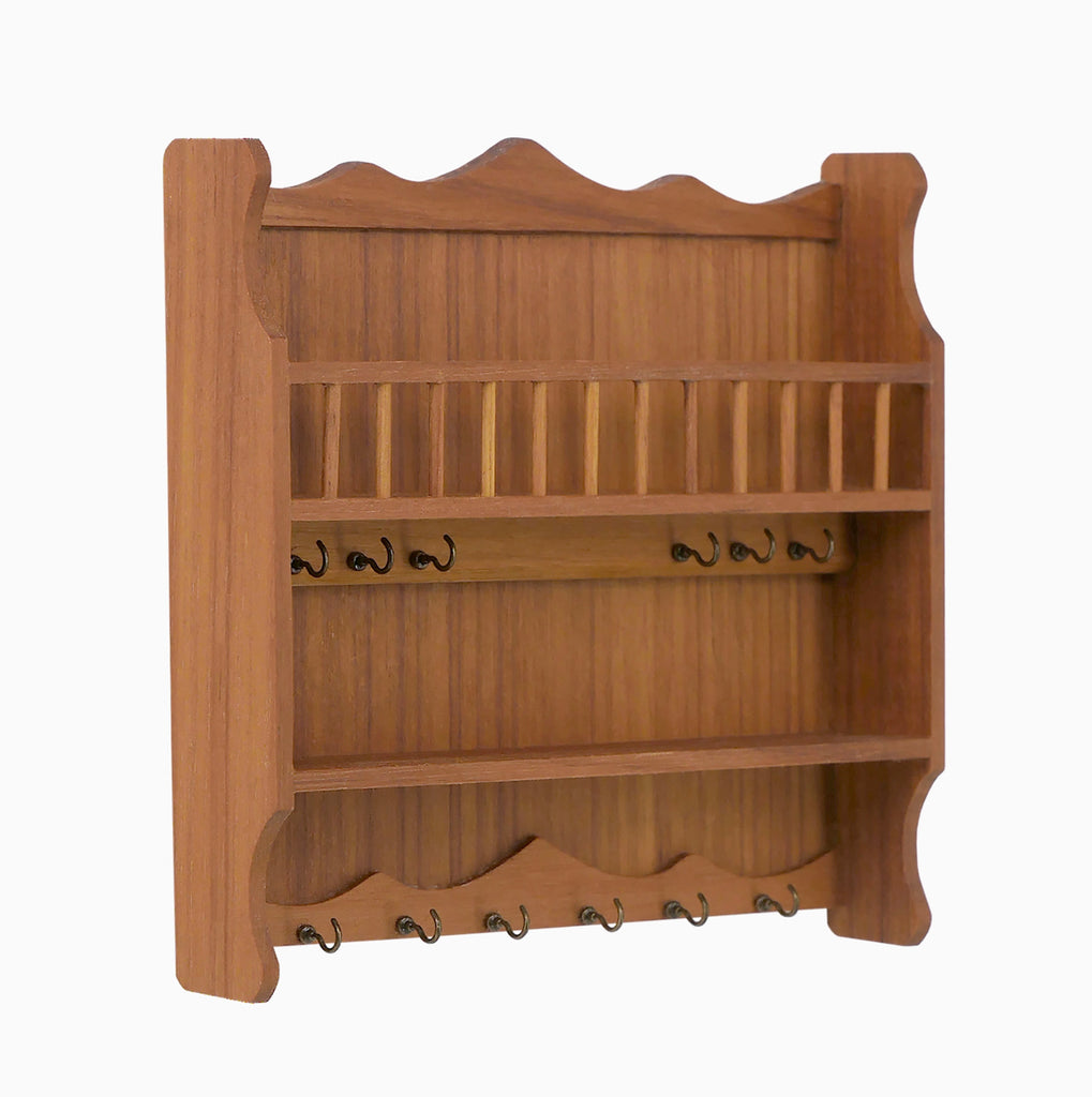 Craftuneed 1:6 Scale Dollhouse Wooden Wall Cup Rack Miniature Hanging Shelf with Hooks, Handmade Kitchen Storage for Dolls