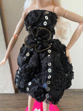 Craftuneed 1:6 miniature doll black evening dress mini dollhouse 3D floral sequins ballet dress Handmade