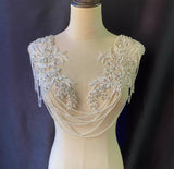 A Pair of Luxury Rhinestone Appliques with Beaded Chains Ivory Lace Embellishments for Bridal Dresses, Dance Costumes, DIY Sewing