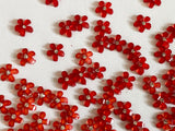 Bundle 139pcs Mini Acrylic Flower Embellishments Red 5-Petal Blossoms with Rhinestone Center for Crafts, Nail Art, DIY Projects