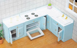 Craftuneed 1:12 Scale Dollhouse Kitchen Furniture Set Miniature Light Blue Wooden Cabinets with Sink Stove Oven Storage Units For Dolls