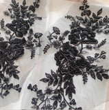 Black Beaded Floral Lace Applique Embroidery Sequins Motif Patch Luxury (4 Pairs)