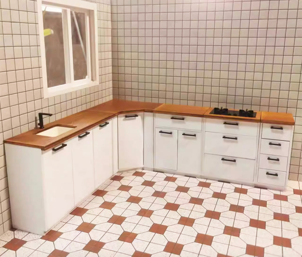 Craftuneed 1:12 Scale Miniature Dollhouse Kitchen L-Shape Cabinet Furniture with Sink Stove Corner Storage Units