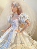 Craftuneed 1:6 miniature 90s Inspired Vintage Doll Wedding Gown Bridal Dress and Veil with ruffle details Handmade