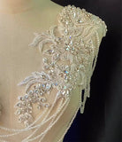 A Pair of Luxury Rhinestone Appliques with Beaded Chains Ivory Lace Embellishments for Bridal Dresses, Dance Costumes, DIY Sewing