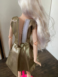 Craftuneed 1:6 miniature doll gold evening dress mini dollhouse V-Neck doll party dress Handmade