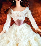 Craftuneed 1:6 Miniature Doll Vintage Style Ivory Layered Ruffled Gown Dress with Satin Waistband Handmade