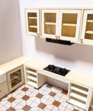 Craftuneed 1:12 Scale Dollhouse Kitchen Whole Set Miniature Cream Cabinets with Island Sink Stove Storage Units Doll Furniture