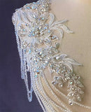 A Pair of Luxury Rhinestone Appliques with Beaded Chains Ivory Lace Embellishments for Bridal Dresses, Dance Costumes, DIY Sewing