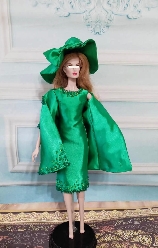 Craftuneed 1:6 Scale 60s inspired Miniature Doll Outfit Elegant Dress Jacket & Hat Set with Embellishments Available in Green or Yellow