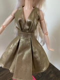 Craftuneed 1:6 miniature doll gold evening dress mini dollhouse V-Neck doll party dress Handmade