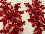 Craftuneed A Mirror Pair wine colour 3d floral lace applique sew on embroidered sequins lace motif patch