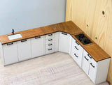 Craftuneed 1:12 Scale Miniature Dollhouse Kitchen L-Shape Cabinet Furniture with Sink Stove Corner Storage Units