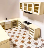 Craftuneed 1:12 Scale Dollhouse Kitchen Whole Set Miniature Cream Cabinets with Island Sink Stove Storage Units Doll Furniture