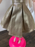 Craftuneed 1:6 miniature doll gold evening dress mini dollhouse V-Neck doll party dress Handmade