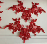 Craftuneed Bundle 5pcs Red tulle lace applique sew on embroidered floral lace motif patch