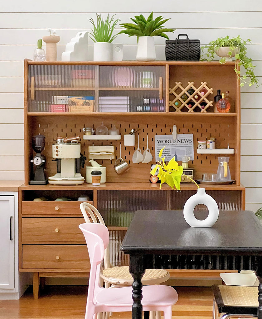 Craftuneed 1:6 Dollhouse Miniature Wooden Sideboard Storage Cabinet Cupboard Doll Buffet with Sliding Doors & Pegboard Hooks Furniture