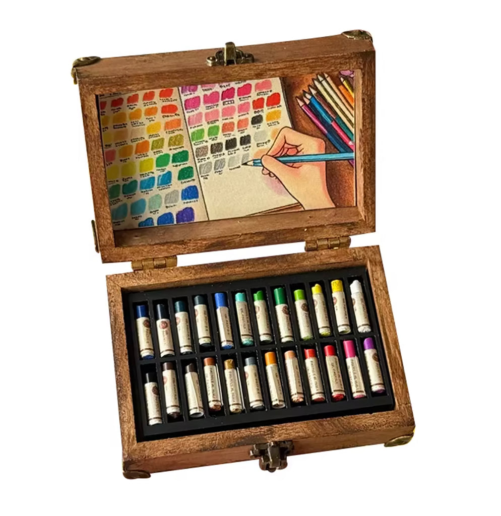 1:6 Scale Miniature Oil Pastel Set in Wooden Box Dollhouse Art Supplies, Tiny Crayons, Mini Painting Props Decor for Dolls