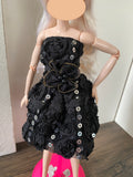 Craftuneed 1:6 miniature doll black evening dress mini dollhouse 3D floral sequins ballet dress Handmade