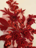 Craftuneed A Mirror Pair wine colour 3d floral lace applique sew on embroidered sequins lace motif patch