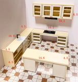 Craftuneed 1:12 Scale Dollhouse Kitchen Whole Set Miniature Cream Cabinets with Island Sink Stove Storage Units Doll Furniture