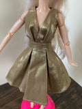 Craftuneed 1:6 miniature doll gold evening dress mini dollhouse V-Neck doll party dress Handmade