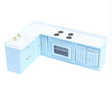 Craftuneed 1:12 Scale Dollhouse Kitchen Furniture Set Miniature Light Blue Wooden Cabinets with Sink Stove Oven Storage Units For Dolls