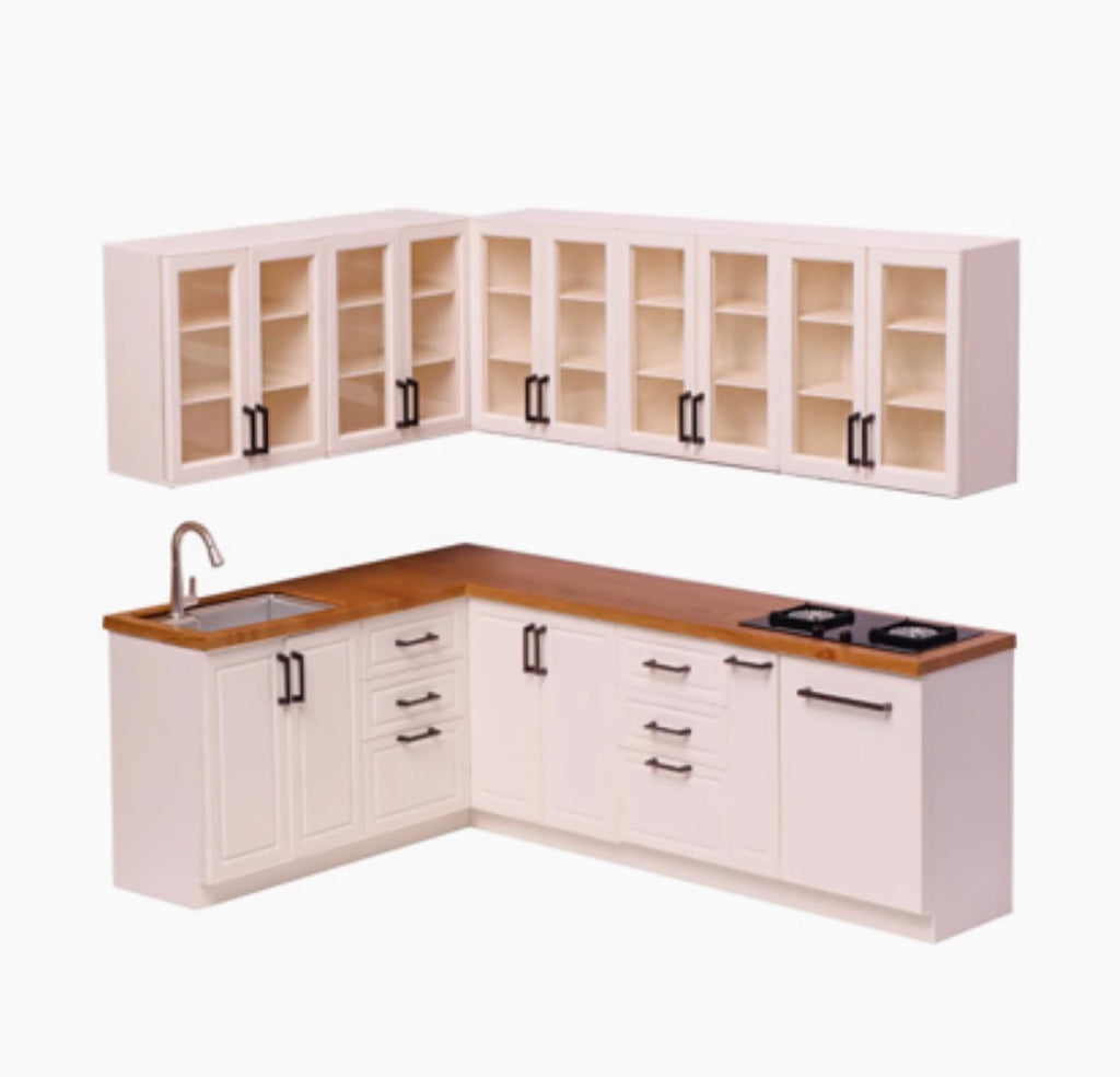 Craftuneed 1:6 miniature dollhouse Kitchen Cabinet Sink Dishwasher doll furniture Set Upper & Lower Units with Functional Doors