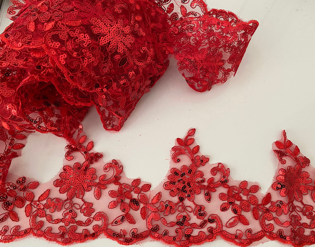 Craftuneed Bundle 6Meters or 7.5Meters red sequins lace trim floral embroidered dress lace trimming