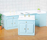 Craftuneed 1:12 Scale Dollhouse Kitchen Furniture Set Miniature Light Blue Wooden Cabinets with Sink Stove Oven Storage Units For Dolls